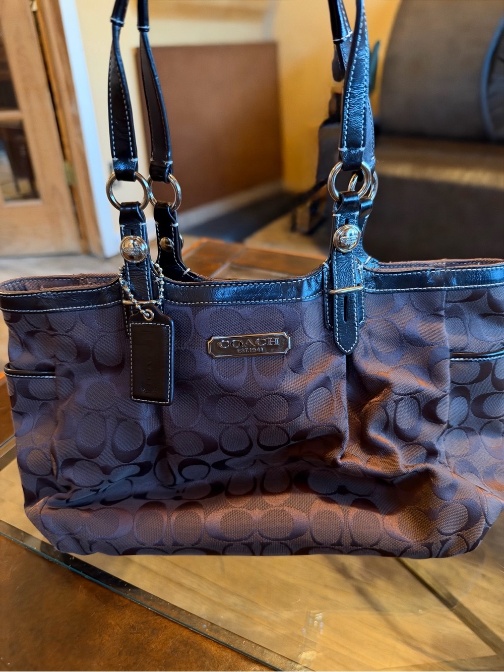 Coach Brown Signature Tote with Black Leather Trim